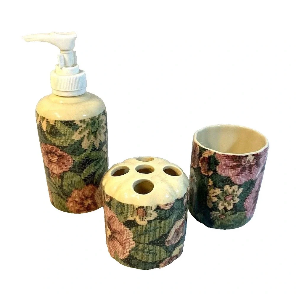 3 piece vintage FLORAL bathroom accessories soap dispenser cup toothbrush holder